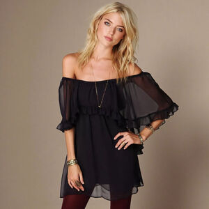 Free People Sheer Black Off Shoulder Ruffle Mini Dress Size S